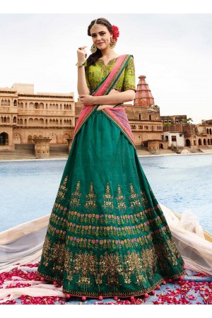 Green art raw silk a line wedding lehenga 506