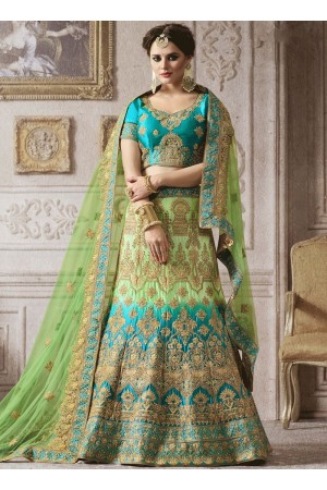 Rama green and blue satin silk wedding lehenga 4002