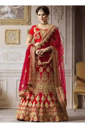 Red satin silk wedding lehenga 4007