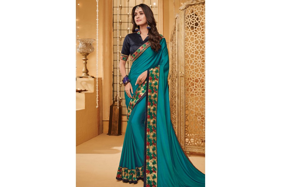 MEGH SCALLOP SAREE BLOUSE SET - AQUA BLUE