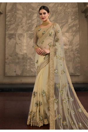 Beige net party wear saree 9024