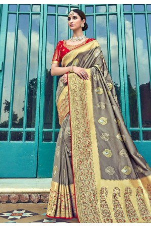 Gray banarasi silk festival wear saree 3015