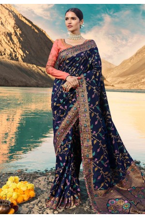 Navy blue silk embroidered party wear saree 201