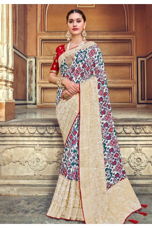 Off white banarasi silk festival wear saree 3102