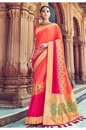 Orange banarasi silk festival wear saree 3009