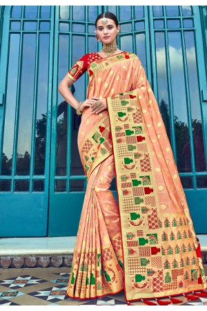Peach banarasi silk saree with blouse 3012