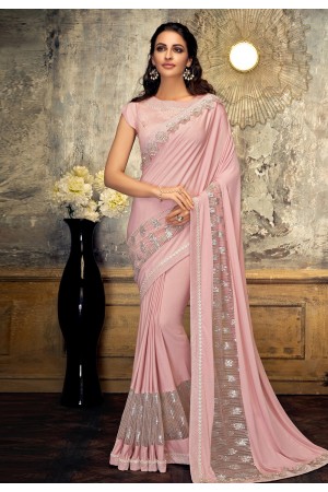 Pink lycra party wear saree 11211