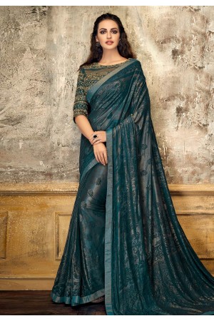 Teal lycra saree with blouse 11208