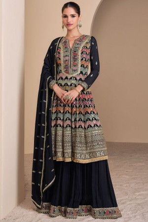 Georgette embroidered sharara suit in Black colour 5658