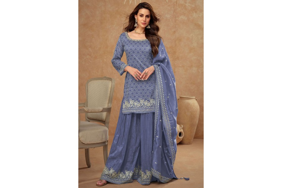 Silk embroidered sharara suit in Blue colour 7514B
