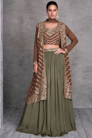 Chinnon embroidered crop top long shrug suit in Brown colour 7445B