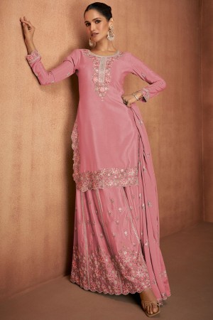 Chinon embroidered palazzo suit in Coral Pink colour 7488D