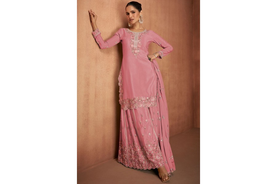 Premium Chinnon Pink Embroidered Palazzo Style Suit