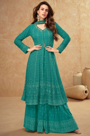 Georgette embroidered palazzo suit in Firozi colour 7513C