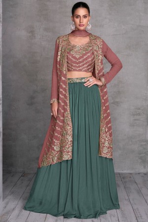 Chinnon embroidered crop top long shrug suit in Green colour 7445A