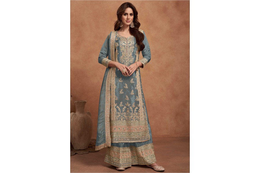 Organza Silk Steel Grey Embroidered Designer Palazzo Suit