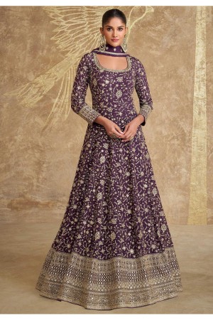 Georgette Anarkali gown wedding dress in Wine colour 5650