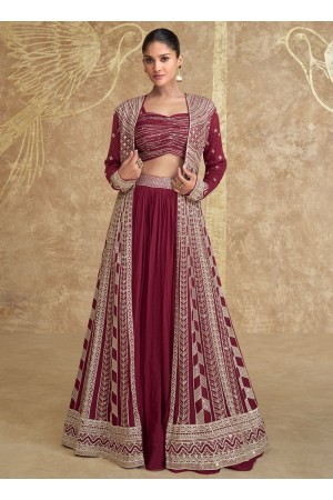 Chinon embroidered crop top long shrug suit in maroon colour 5622