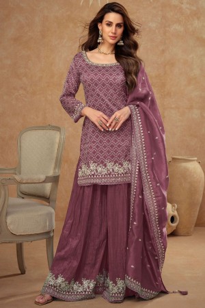 Silk embroidered sharara suit in Mauve colour 7514C