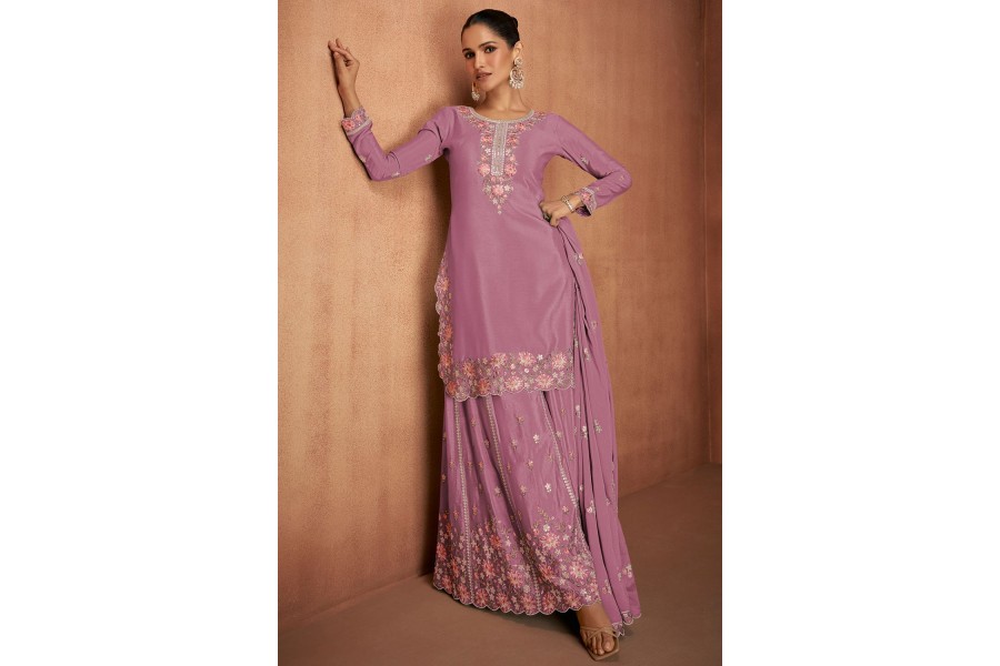 Palazzo Style Chinnon Pink Embroidered Festive Suit main image 0