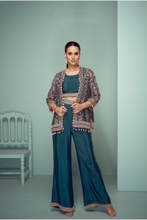 Chinon embroidered jacket palazzo suit in Teal blue 7506