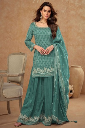 Silk embroidered sharara suit in Teal green colour 7514A