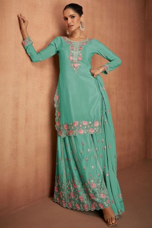 Chinon embroidered palazzo suit in Turquoise colour 7488A