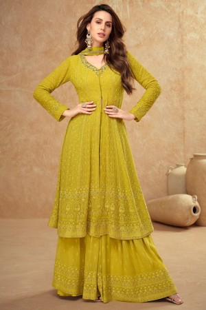 Georgette embroidered palazzo suit in Yellow colour 7513B