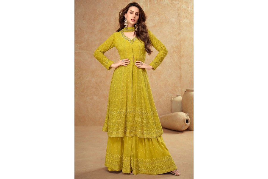 Women Violet Designer Georgette Embroidered Palazzo Suit