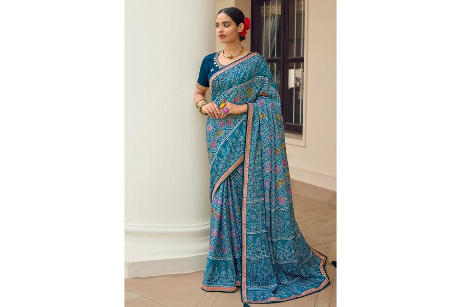 Blue Leheriya Printed Chinon Saree With Unstitched Blouse Piece