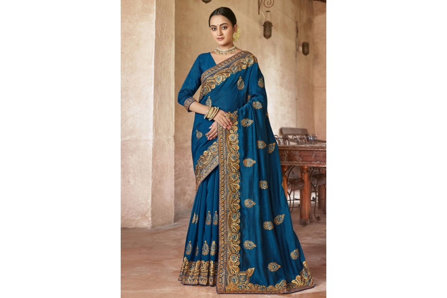 Women's Silk Blend Blue Printed Designer Saree With Blouse Piece