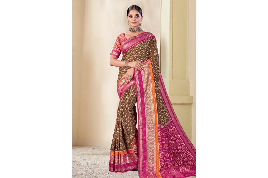 Women's Aura Silk Brown Woven Design Designer Saree With Blouse Piece