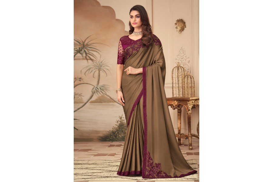 Women's Silk Blend Brown Embellished Designer Saree With Blouse Piece