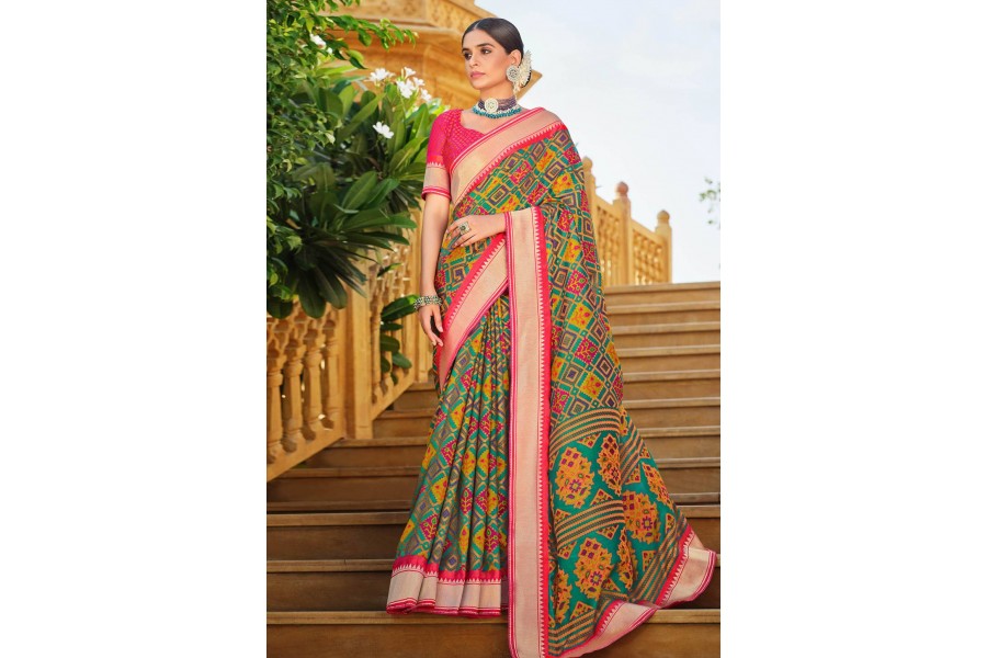 Women's Brasso Green Printed Ready to Wear With Blouse Piece