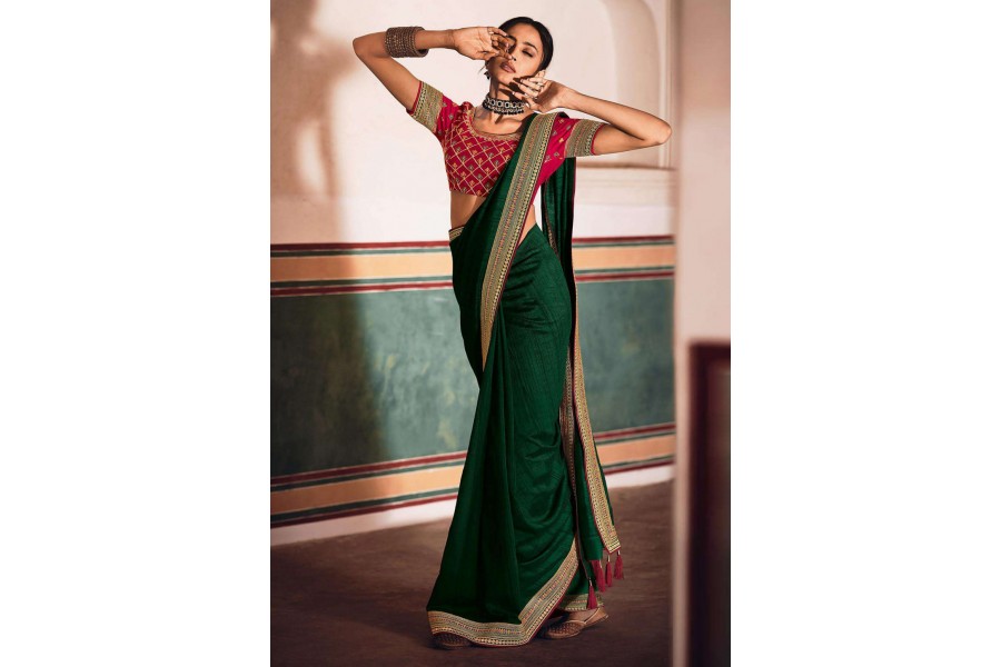Women's Cotton Silk Green Printed Designer Saree With Blouse Piece