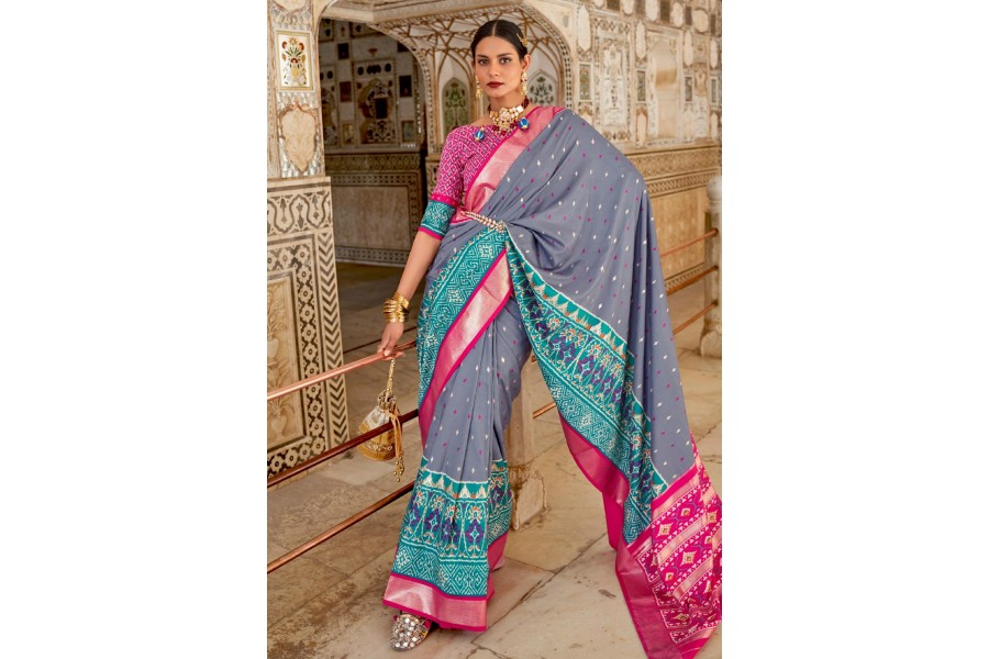 Elegant Slate Grey Patola Silk Saree with Indigo Weaving Border
