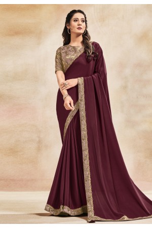 Maroon satin silk plain saree with designer blouse 42016