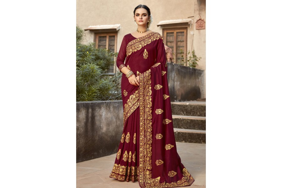 Women's Viscose Silk Maroon Printed Designer Saree With Blouse Piece