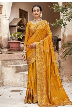 Mustard silk embroidered saree 3443