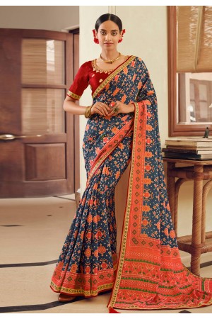 Navy blue chinon saree with blouse 503