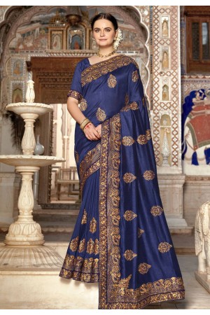 Navy blue silk embroidered saree 3447