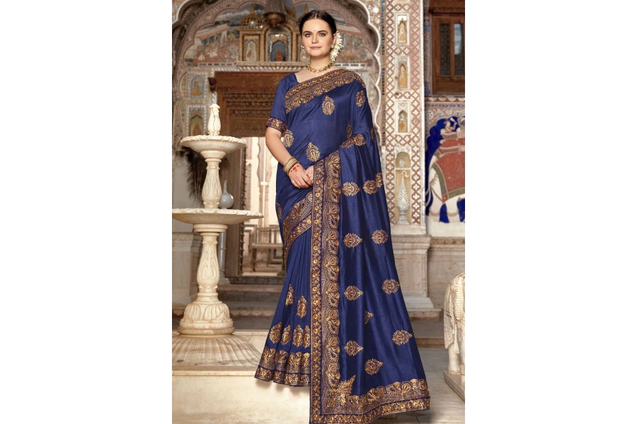 Navy Blue Designer Silk Readymade/Easy Saree