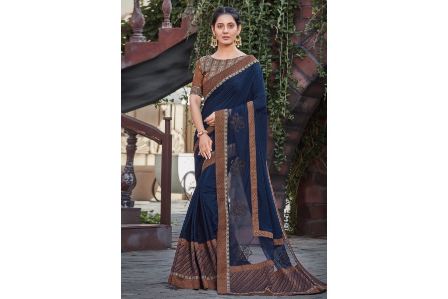 Women's Silk Blend Navy Blue Woven Design Designer Saree With Blouse Piece