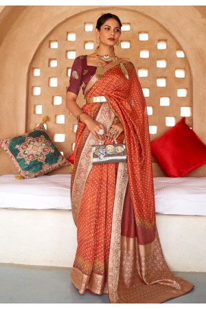 Orange silk printed saree with blouse 380