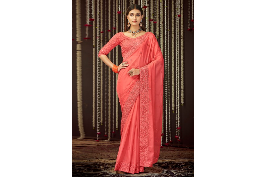 Peach Warm Tone Embroidered Saree main image 1