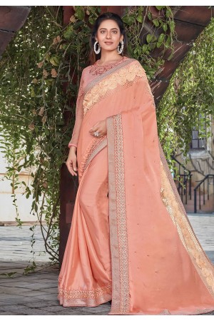 Peach satin silk embroidered saree with blouse 41120