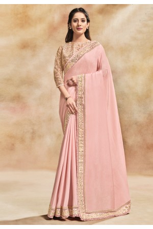 Peach silk georgette plain saree with designer blouse 42011