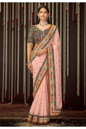 Pink georgette embroidered saree with blouse 19002