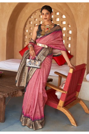 Pink silk printed saree with blouse 378