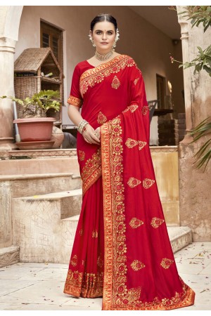 Red silk embroidered saree 3441